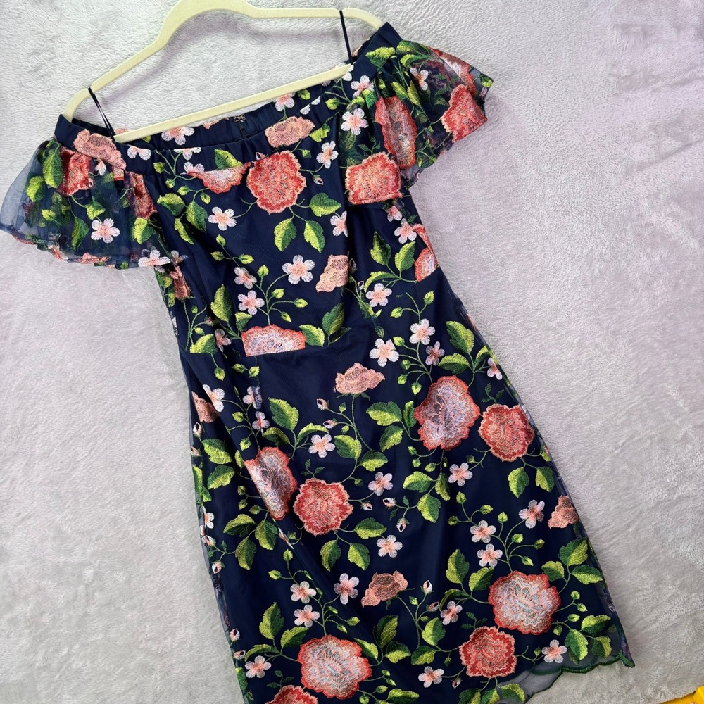 Trina Turk Women Dress 12 Navy Blue Floral Embroidered Off Shoulder Sheath Lush